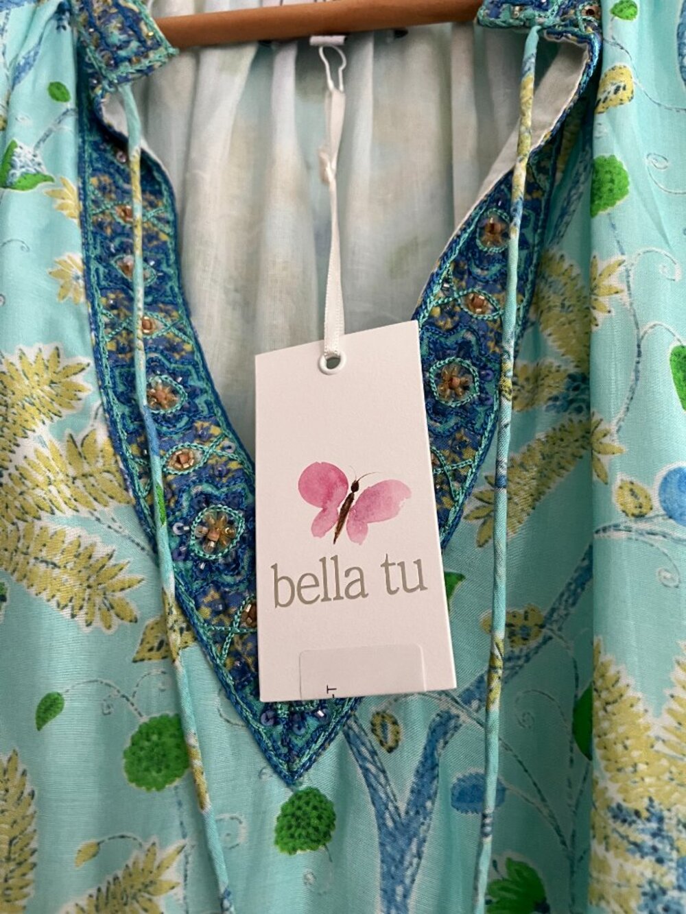 NWT Bella Tu $295 Turquoise Beaded Sequin Palms Peasant Dress Womens M - Picture 8 of 10